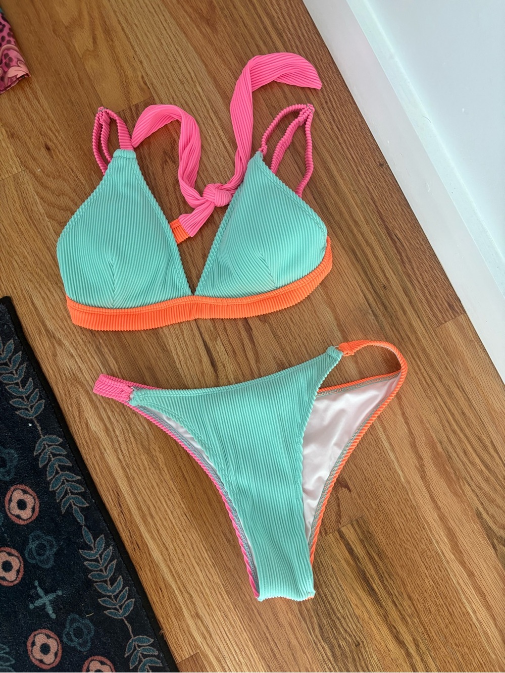 Mint Green Ribbed Bikini with Pink Straps & Orange Trim